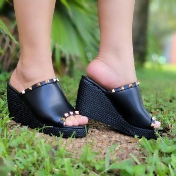Black Rockstud Rope Espadrilles Wedges Sandals - Picture 1 of 6